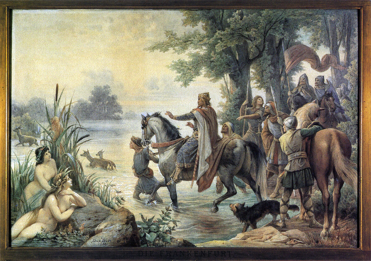 Die Entdeckung der Frankenfurt durch Karl den Großen, Aquarell von Leopold Bode (1888; Historisches Museum Frankfurt)
